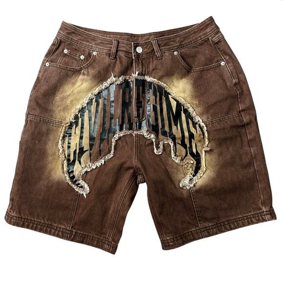 Civil Regime NWT RARE Brown Denim Shorts Logo Spellout Size 32 Bleach Distressed - Picture 1 of 10